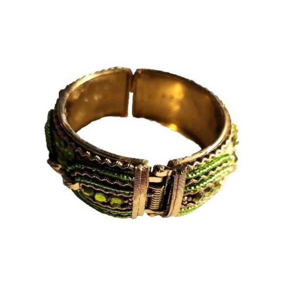 Vtg Gold-Tone Hinged Bangle Bracelet Green Beads statement - Picture 2 of 6